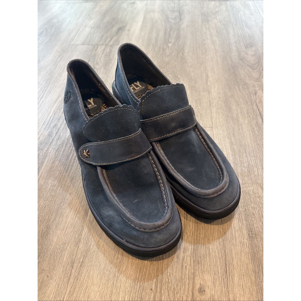 FLY LONDON Wend Platform Penny Loafer Women US 10/10.5 EU 41 Blue Suede Grunge
